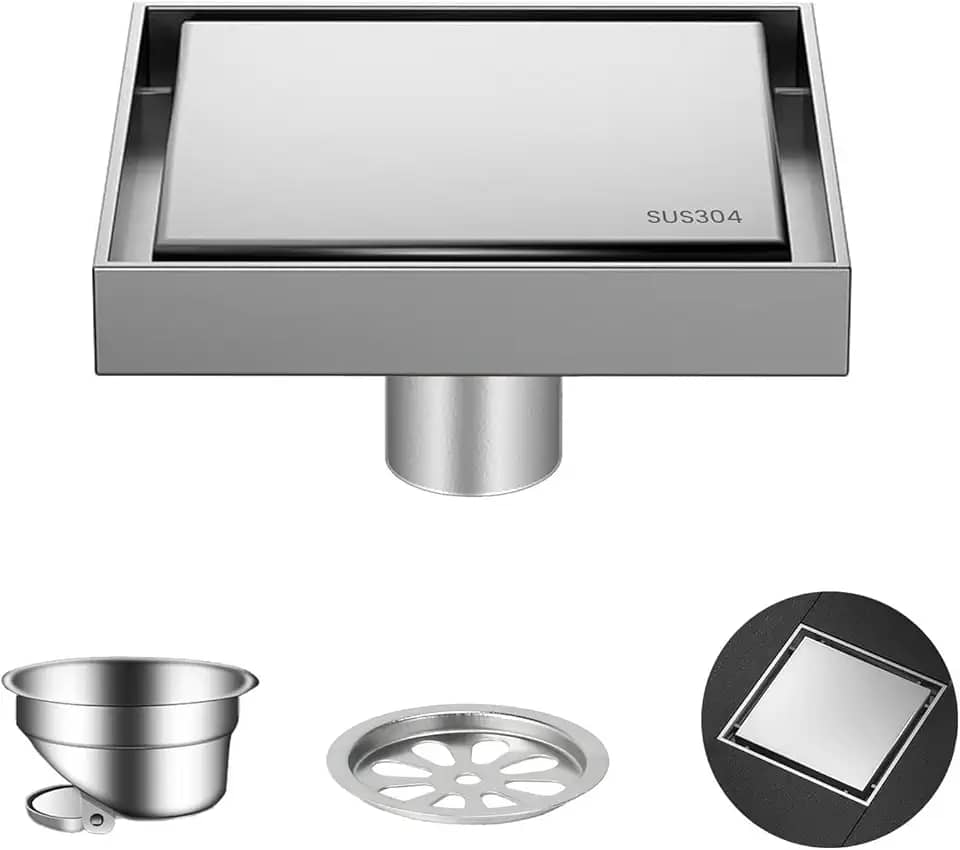 Ralo Quadrado de Aço Inoxidável para Banheiro, 10 x 10 cm, com Tampa Oculta. Adequado para Banheiros e Cozinhas. À Prova de Insetos e Odores - Escovado