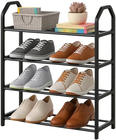 Sapateira Vertical 4 Andares Compacta Organizador de Sapatos Multiuso Estrutura Reforçada Plástico PP e Tubos de Ferro Ideal para Quartos Closets Corredores Lavanderias Armazenamento Calçados (Preta)