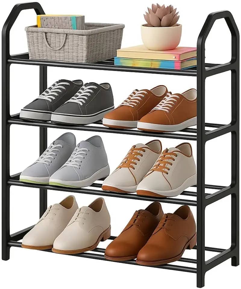 Sapateira Vertical 4 Andares Compacta Organizador de Sapatos Multiuso Estrutura Reforçada Plástico PP e Tubos de Ferro Ideal para Quartos Closets Corredores Lavanderias Armazenamento Calçados (Preta)