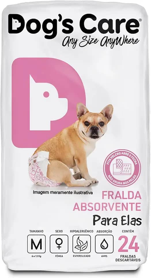 DOG’S CARE Fralda Descartável Para Cães Fêmeas de 6 a 13kg - Fralda Absorvente Para Cachorros Idosos e Filhotes - Tamanho M - 24 Unidades