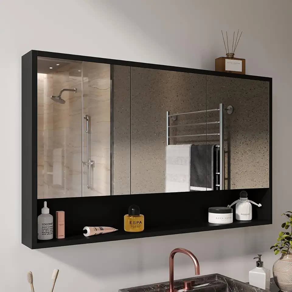 Armário Banheiro 3 Portas De Espelho Com Amortecedor Hefesto (Preto)