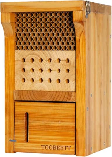 TOOBEETT Mason Bee House Revestido com Cera Mason Bee Hive Inseto de Madeira Hotel Carpenter Bee House para Ambientes Externos Atrai Polinizadores de Abelhas Pacíficos para O Seu Jardim