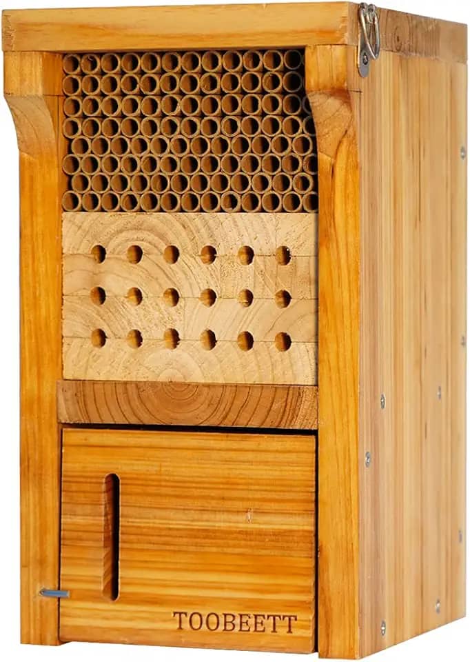 TOOBEETT Mason Bee House Revestido com Cera Mason Bee Hive Inseto de Madeira Hotel Carpenter Bee House para Ambientes Externos Atrai Polinizadores de Abelhas Pacíficos para O Seu Jardim
