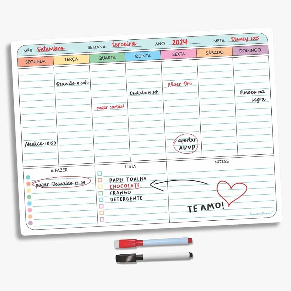 Super Lousa Planner Quadro de Aviso Magnético Para Geladeira Com 2 Canetas Com Ímã - Recados Anotações Lembrete Decoração Agenda