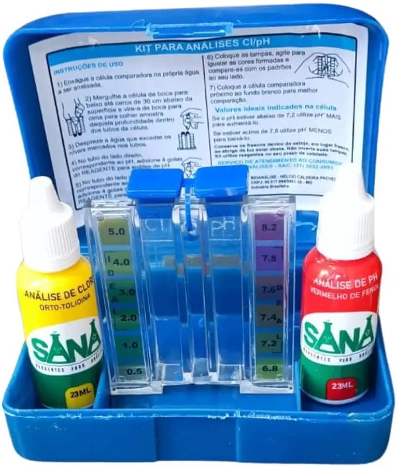 Kit de Teste para Piscina, Análise de Cloro, pH e Alcalinidade, com Vermelho Fenol e Orto-tolidina