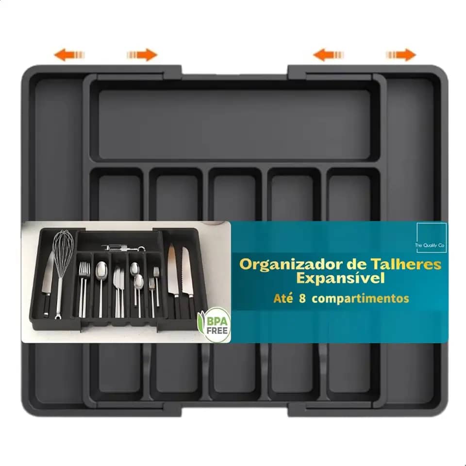 Porta Talheres Organizador Gaveta Ajustável com 8 Divisórias Preto Bandeja Grande Divisor Versátil para Cozinha Ideal Talher Utensílios Facas Suporte Separador Plástico Resistente.