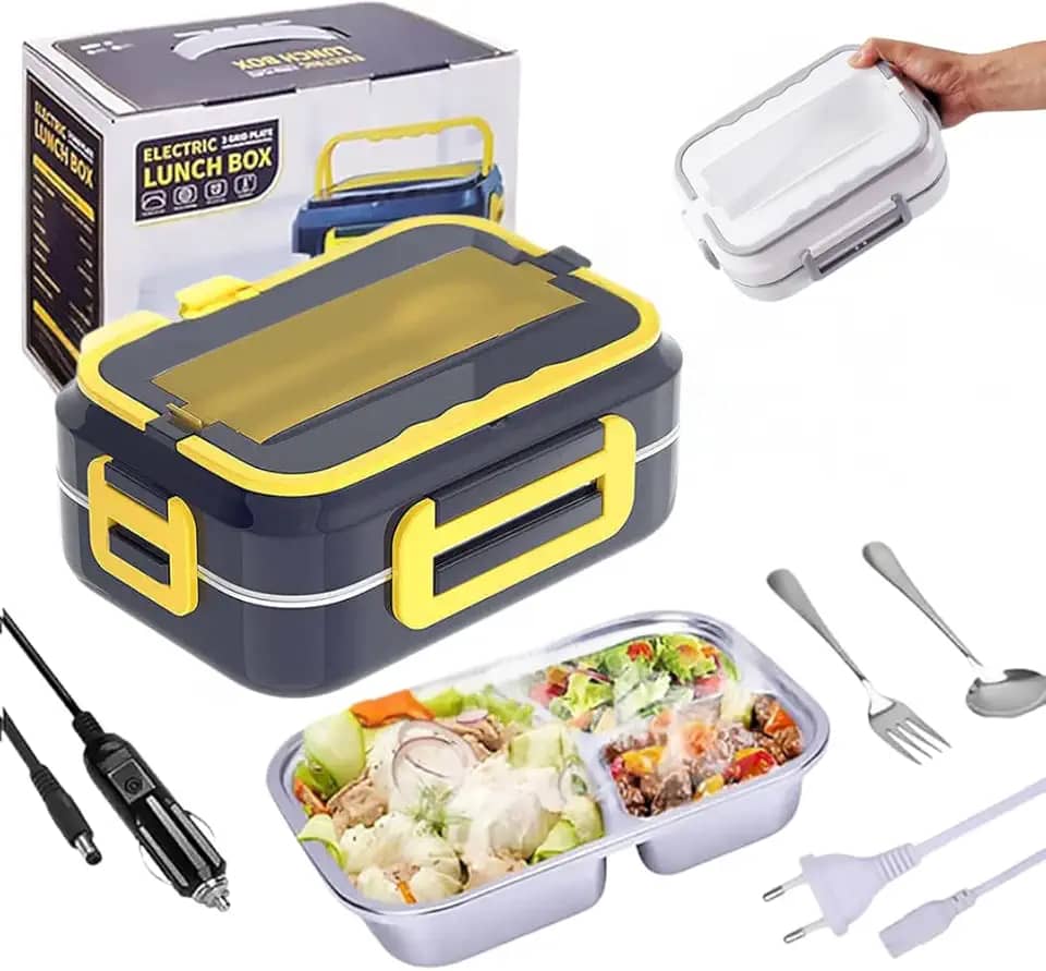 Marmita Elétrica Portátil Veicular de Aço Inoxidável Para Carro Uber Casa Lancheira Térmica 12V,110V, 220V (Bivolt) C/ 3 Divisórias Inox (Azul C/Amarelo) da Marca Midas®