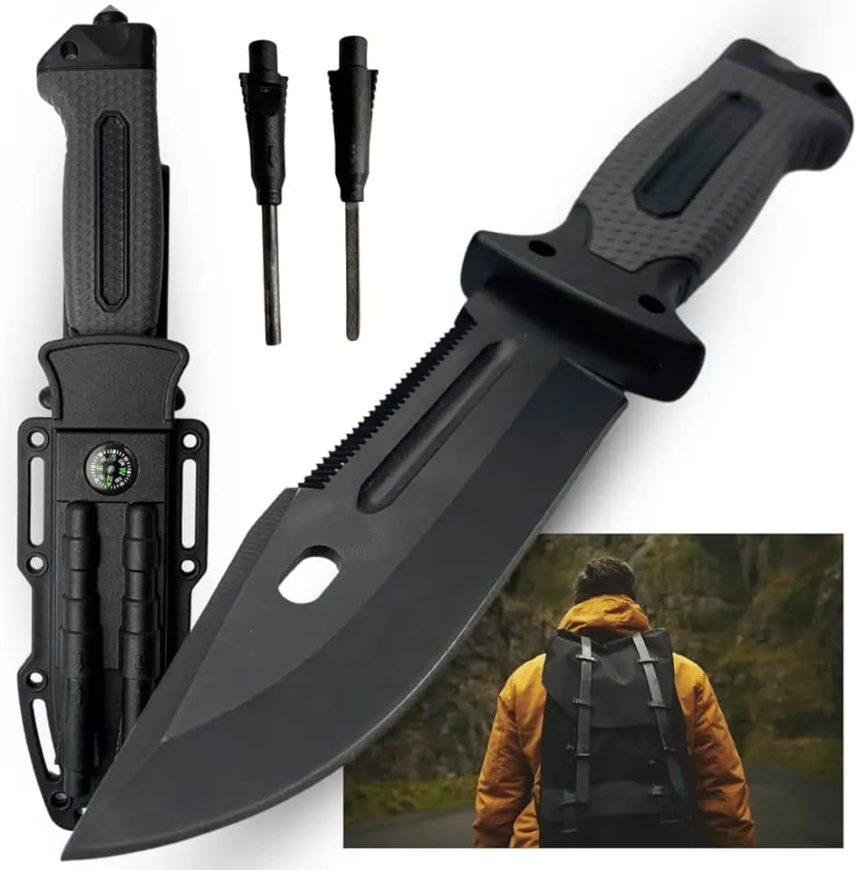 Faca Tática Sobrevivência – Lâmina Afiada, Pederneira, Bússola, Quebra-Vidro + Bainha Tática para Camping, Emergências e Aventura