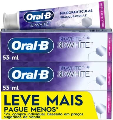 Oral-B Pasta de Dente 3D White Brilliant Fresh, Clareador Avançado com Micropartículas Clareadoras, 53 ml, 3 Unidades