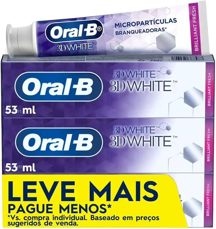 Oral-B Pasta de Dente 3D White Brilliant Fresh, Clareador Avançado com Micropartículas Clareadoras, 53 ml, 3 Unidades