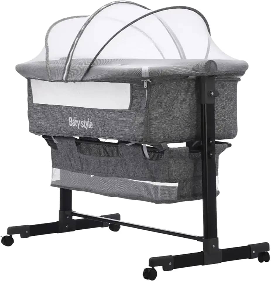 Berço Infantil Portátil Moisés Co-Sleeper Bed Balanço Acoplado Cama com Mosquiteiro para Bebê Recém-Nascido Viagem 10kg (Cinza Claro)