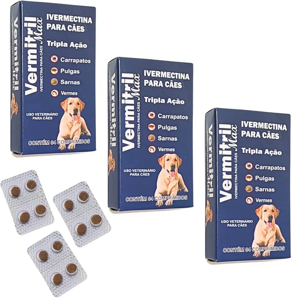 Vermitril Max 12 Comprimidos Mastigável Anti Carrapatos, Sarnas, Vermes e Pulgas - Cães de 30 a 60kg