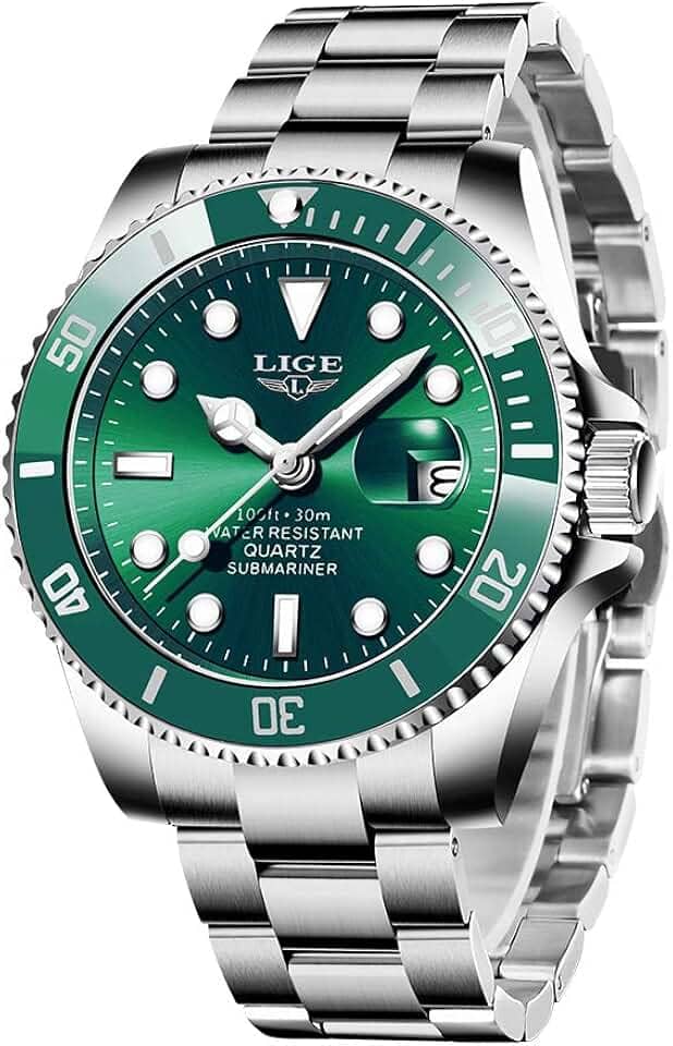 Relógios masculinos modernos de aço inoxidável para homens esportes à prova d'água relógios de luxo marca LIGE relógio de pulso casual azul relógio de data.., Verde, 8.07