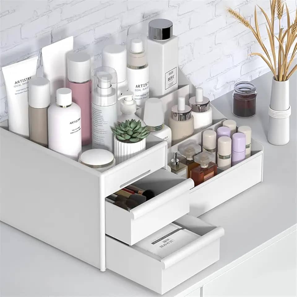 Organizador de Mesa Multiuso com Gavetas Porta Caneta Maquiagem Cosméticos Branco