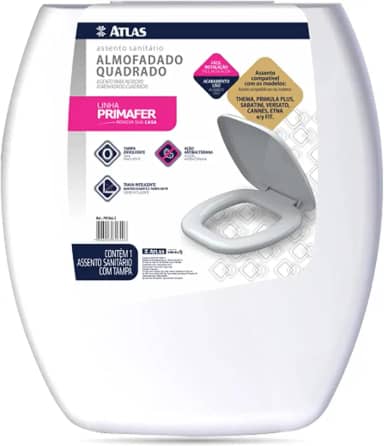 Atlas - Assento Sanitário Almofadado Quadrado com Espuma Ultramacio, Acompanha Kit para Fixação, Cor Branca