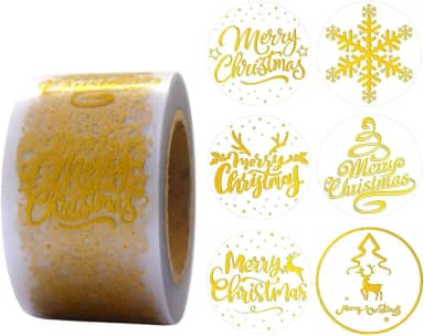 500 peças de rolo de adesivos de Natal de folha dourada, selos redondos e de floco de neve, etiquetas adesivas de Feliz Natal para embrulho de presente, envelopes, cartões, suprimentos de festa