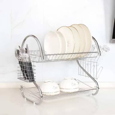 Escorredor de Louça Inox 2 Andares com Bandeja Coletora Porta Talheres e Porta Copos Removíveis Pés Antiderrapantes Para Pratos Panelas Travessas Organização de Cozinha 40x24x38cm