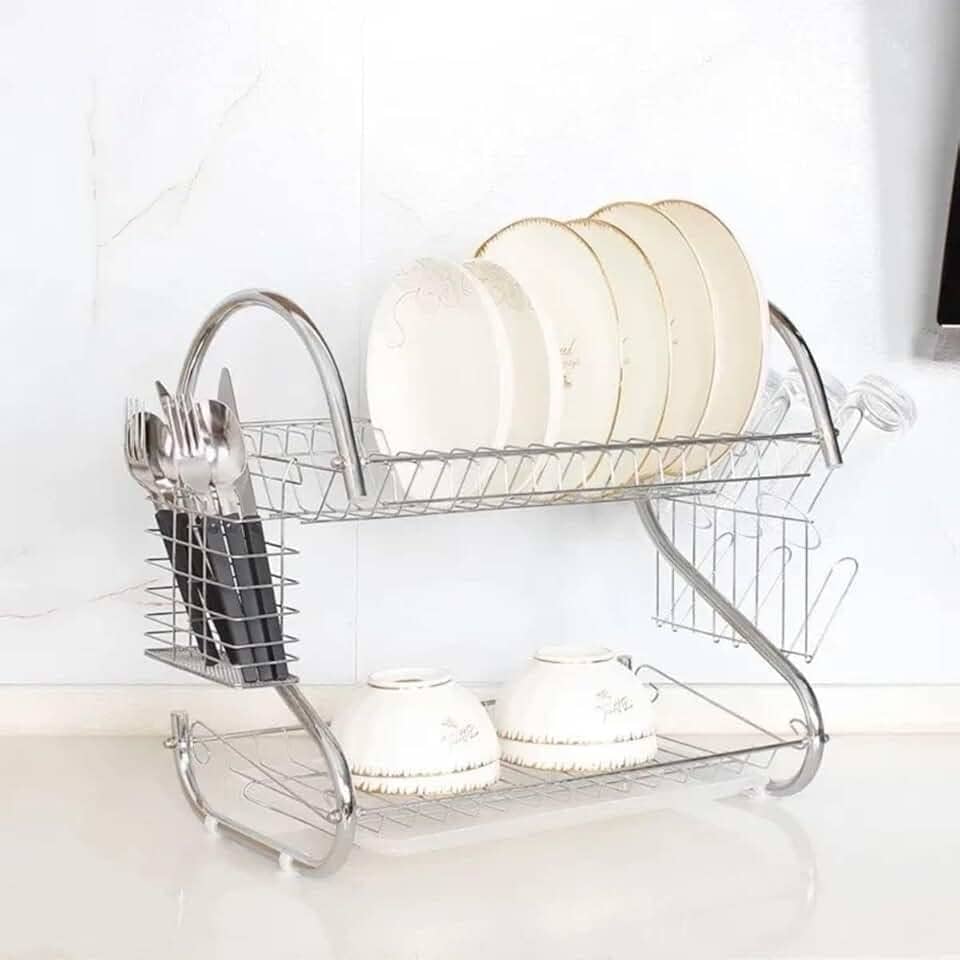 Escorredor de Louça Inox 2 Andares com Bandeja Coletora Porta Talheres e Porta Copos Removíveis Pés Antiderrapantes Para Pratos Panelas Travessas Organização de Cozinha 40x24x38cm