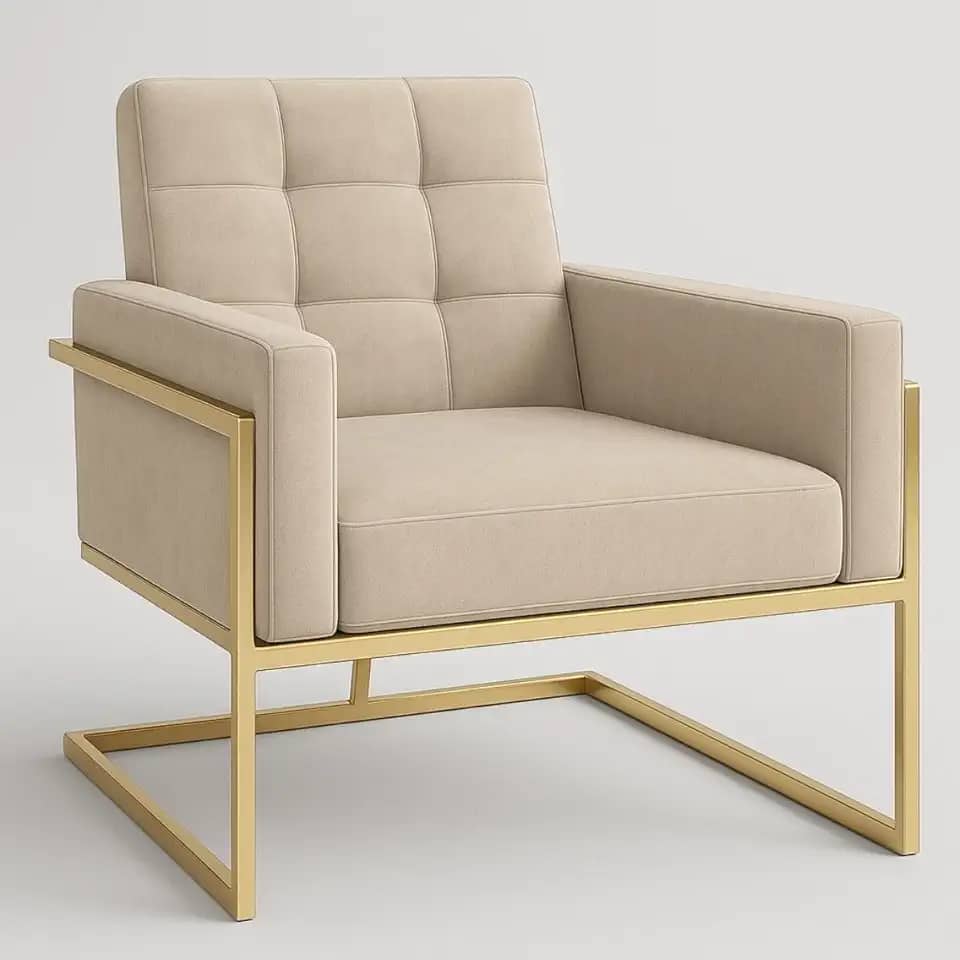 Poltrona Base de ferro reforçada para Sala de Estar Recepção Estofada Confortável (BASE DE FERRO COR DOURADA, BEGE)