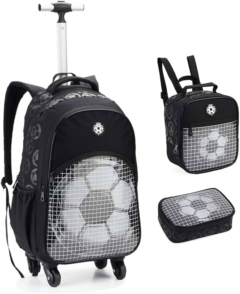 Kit Mochila Escolar com Rodas 360º, Lancheira e Estojo, Design Futebol, Compartimentos Múltiplos, Alça Telescópica, para Meninos, Cor Preta