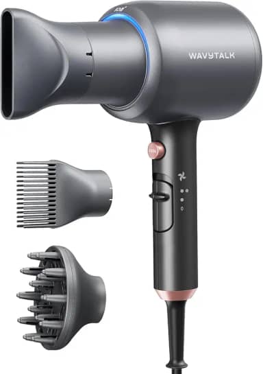 Wavytalk Secador de cabelo iônico soprado para cabelos cacheados com difusor, secador de cabelo de secagem rápida 1875W com tecnologia cerâmica, 3 acessórios para todos os tipos de cabelo, leve e