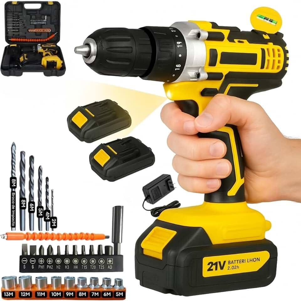 Furadeira e Parafusadeira de Impacto Sem Fio 21V com LED, 2 Baterias Recarregáveis Bivolt e 32 Acessórios - Maleta Completa para Uso Doméstico e Profissional