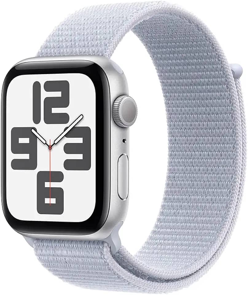 Apple Watch SE GPS • Caixa prateada de alumínio – 44 mm • Pulseira loop esportiva nuvem azul