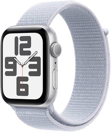 Apple Watch SE GPS • Caixa prateada de alumínio – 44 mm • Pulseira loop esportiva nuvem azul