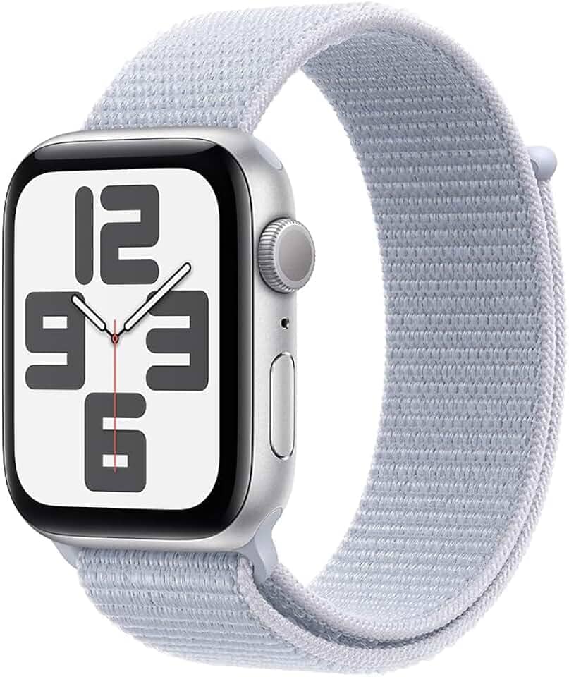 Apple Watch SE GPS • Caixa prateada de alumínio – 44 mm • Pulseira loop esportiva nuvem azul