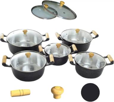 Kit 5 Peças Jogo de Panelas Preto Tampa Vidro Alumínio Fundido Batido Grosso