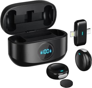 Microfone Lapela Sem Fio para iPhone e iPad (IOS) Lightning e Android USB-C – Kit Duplo Plug & Play com Case Carregador – Som Profissional para Podcasts e Transmissões ao Vivo