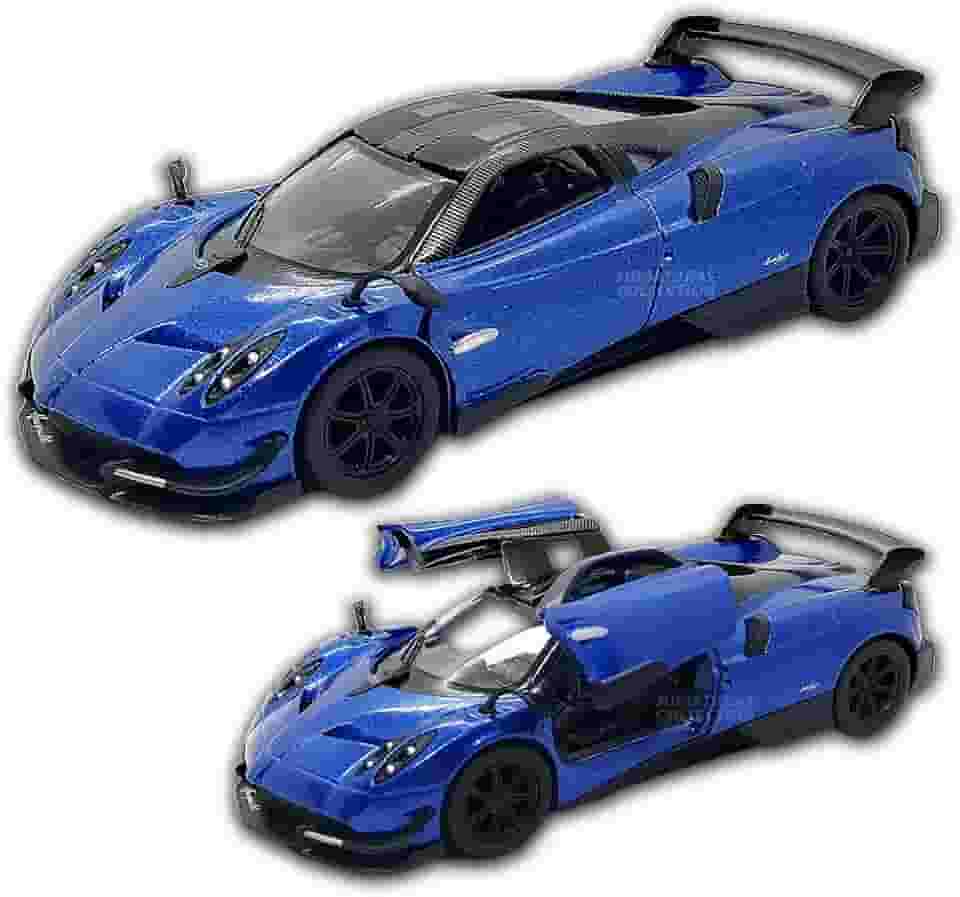 Miniatura de carro Pagani Huayra BC 2016, 1/38 12 CM, em metal, rodinhas em borracha e com fricção, abertura de portas laterais, Carrinho de ferro Kinsmart (Azul)