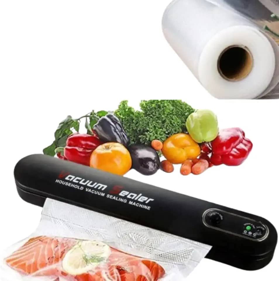 Seladora de Embalagem a Vácuo Doméstica Bivolt com Rolo Bobina de Saco Plástico 5m x 25cm – Máquina de Embalar e Conservar Carnes, Peixes, Frutas e Legumes Frescos por Mais Tempo - Ideal para Cozinha