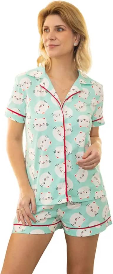 Pijama Algodão Feminino Curto Americano Manga Curta com Botões Verão Adulto indicado Gestante Amamentação e Pós cirúgico -Gatinhos Verde