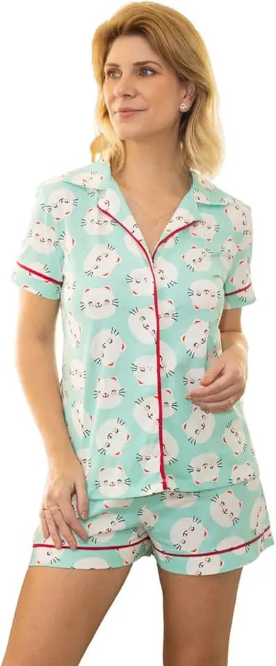 Pijama Algodão Feminino Curto Americano Manga Curta com Botões Verão Adulto indicado Gestante Amamentação e Pós cirúgico -Gatinhos Verde