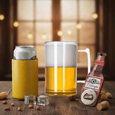 1 Abridor de Garrafa + 1 Caneca Chopp 500ml Acrílico + 1 Porta Latão Térmico - Kit Happy Hour | Presente Criativo | Amantes de Cerveja | Amigo Secreto | Presente Masculino |