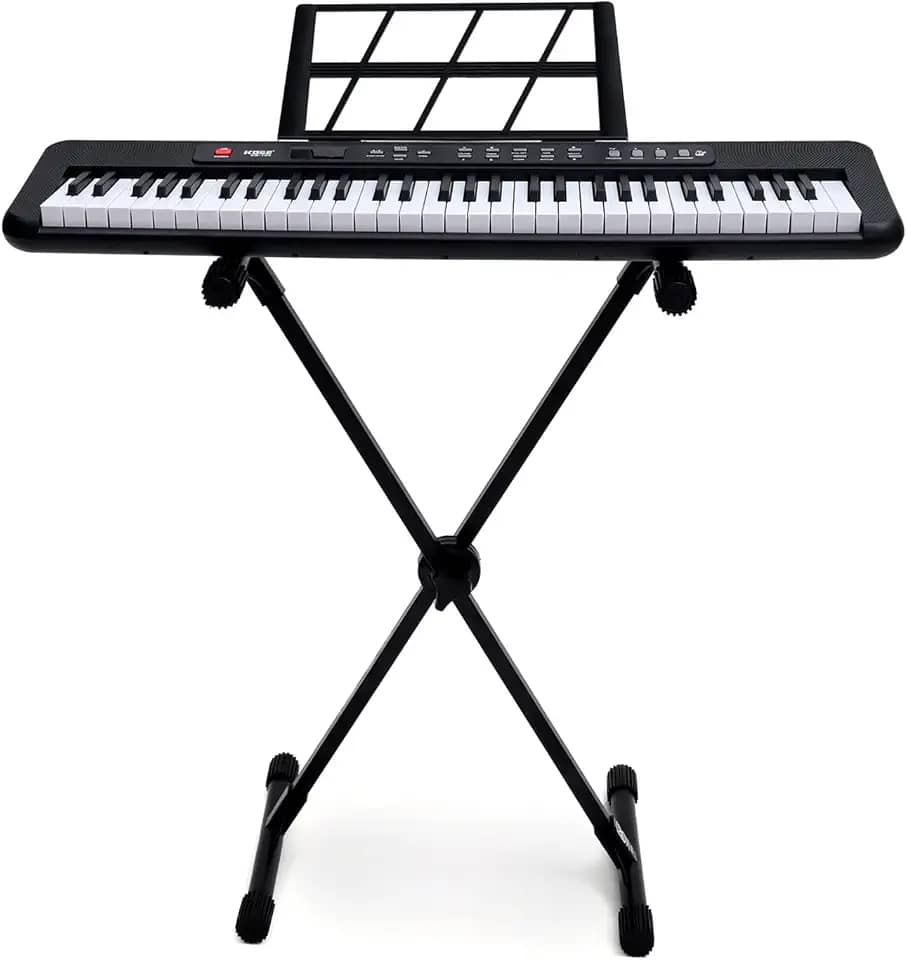 Kit Teclado Musical Kobe KB-150 BK Preto 5/8 61 Teclas Com Suporte em X e Fonte