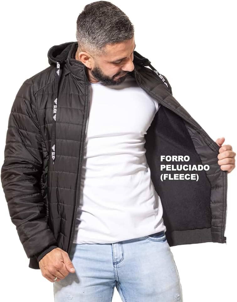 Jaqueta Masculina Forrada com Pelo Fleece Pelúcia Puffer Bobojaco de Inverno com Capuz Removível