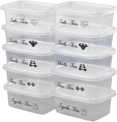 Kit 5 Marmitas Fitness com os dias da semana Plásticos Retangulares 500ml com Tampa Vedante | Livre de BPA | Para Marmita, Lanche, Freezer, Micro-ondas e Lava-louças