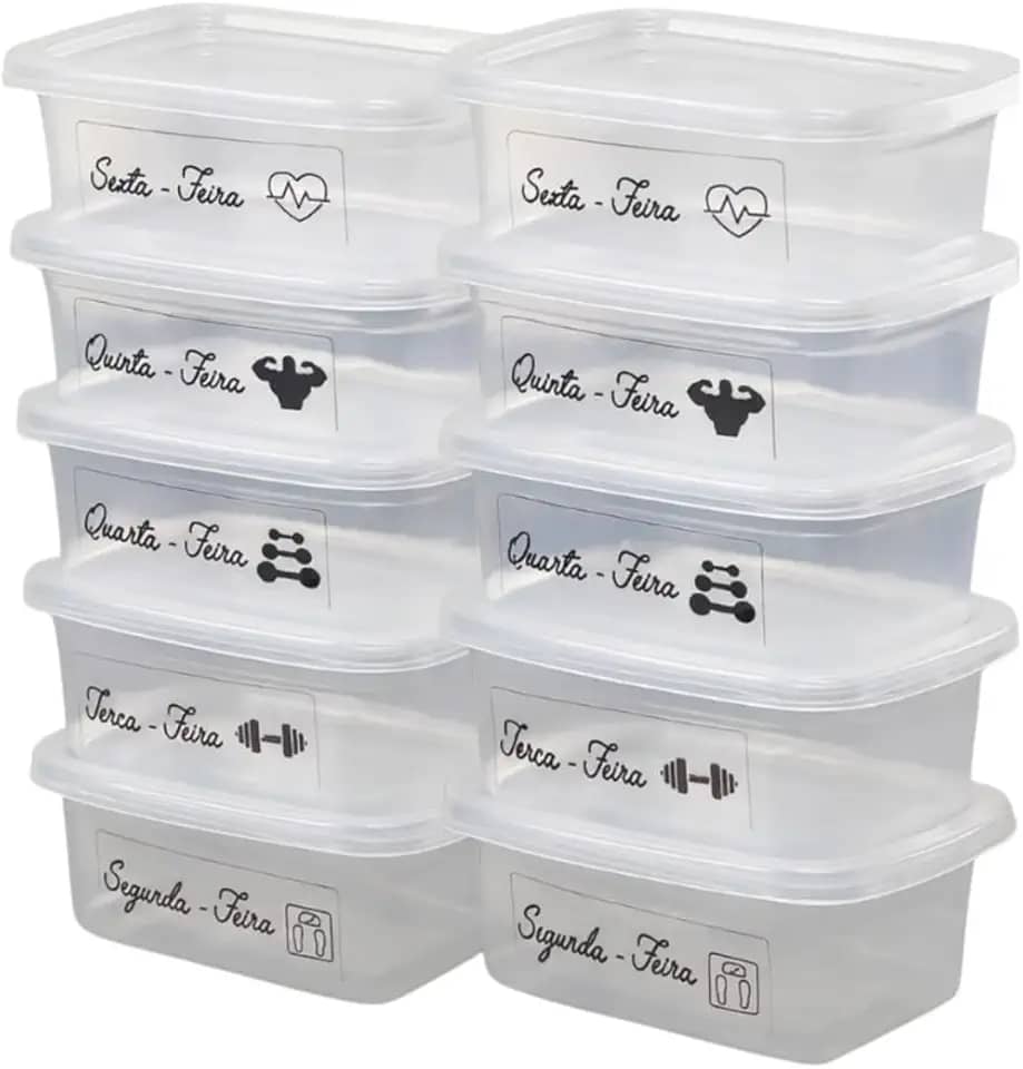 Kit 5 Marmitas Fitness com os dias da semana Plásticos Retangulares 500ml com Tampa Vedante | Livre de BPA | Para Marmita, Lanche, Freezer, Micro-ondas e Lava-louças