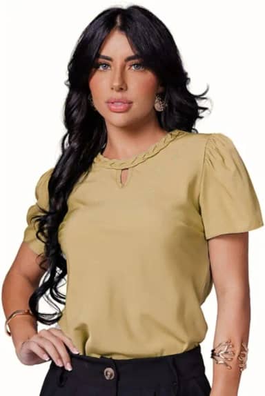Blusa Social Feminina Crepe Manga Curta Bufante Gola Redonda Trança Camisa Elegante