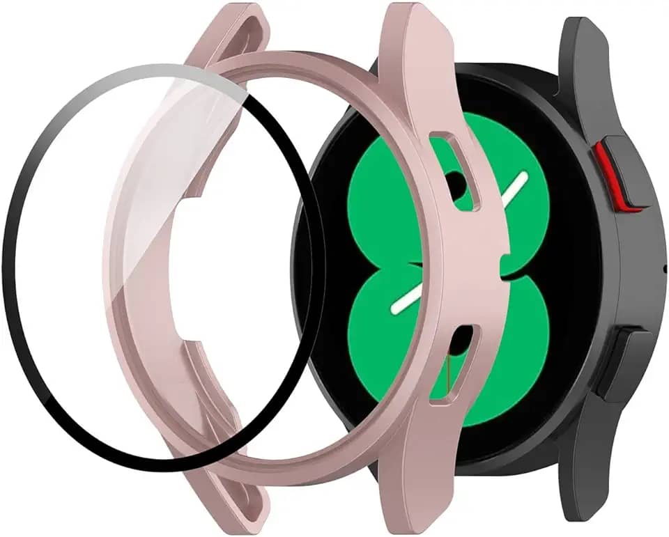 Capa Case Bumper Protetora com Película de Vidro Temperado Embutida Marca 123smart compativel com Galaxy Watch 4 e Watch 5 44mm SM-R870 R875 SM-R910 R915 - Rosa