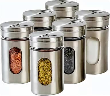 Kit 6 Porta de Temperos Saleiro Pimenteiro Inox e Vidro Conjunto Premium Aço Inoxidável com Visor Tampa Giratória 3 níveis para Condimentos de Cozinha