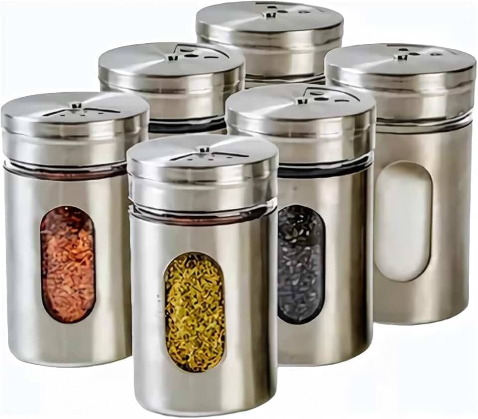 Kit 6 Porta de Temperos Saleiro Pimenteiro Inox e Vidro Conjunto Premium Aço Inoxidável com Visor Tampa Giratória 3 níveis para Condimentos de Cozinha