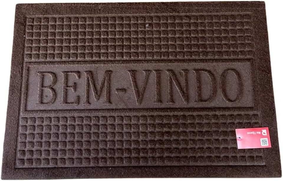 Tapete de Porta Bem-Vindo 57x37 cm Antiderrapante em PVC e TNT, Felpa Baixa, Base em Borracha, Lavável (Exceto Máquina), Tipo Capacho para Entrada (MARROM)