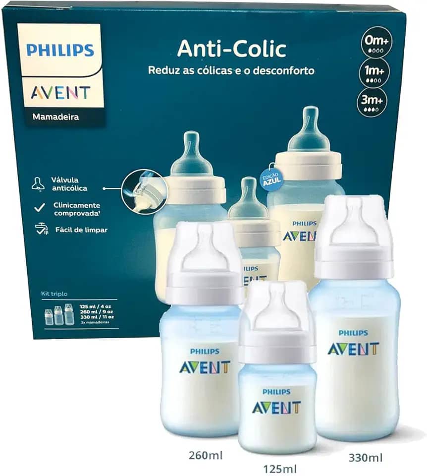 Kit Triplo Mamadeira Anti-Colic Philips Avent 125ml + 260ml + 330ml Azul