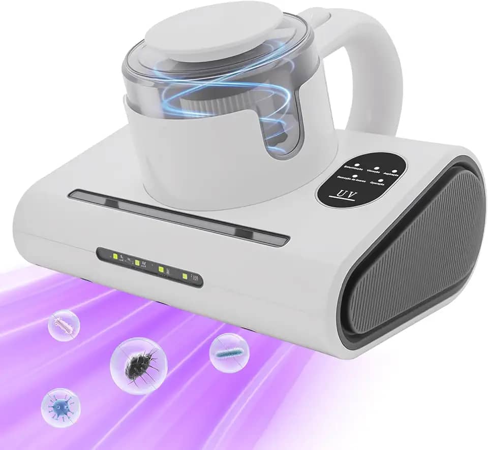 TRUERZA Aspirador de Pó Antiácaro Portátil, 500ml, Filtragem Dupla, Luz UV, Escova Rotativa, Visor Digital, 300W, 220V