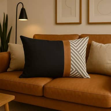 Capa de Almofada Decorativa Retangular, Linho Cru com Couro Caramelo e Estampa Geométrica Preto, 30x50cm