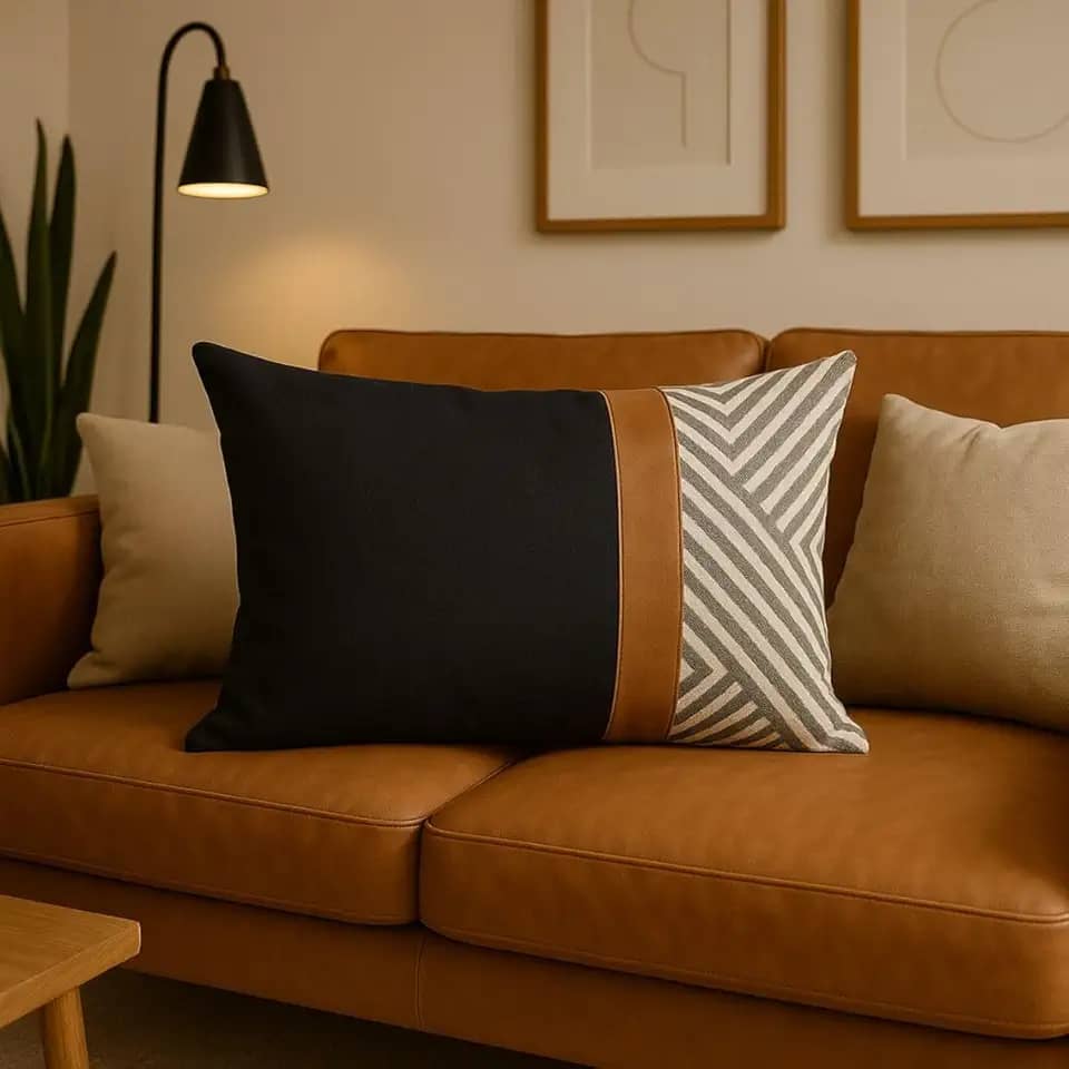 Capa de Almofada Decorativa Retangular, Linho Cru com Couro Caramelo e Estampa Geométrica Preto, 30x50cm