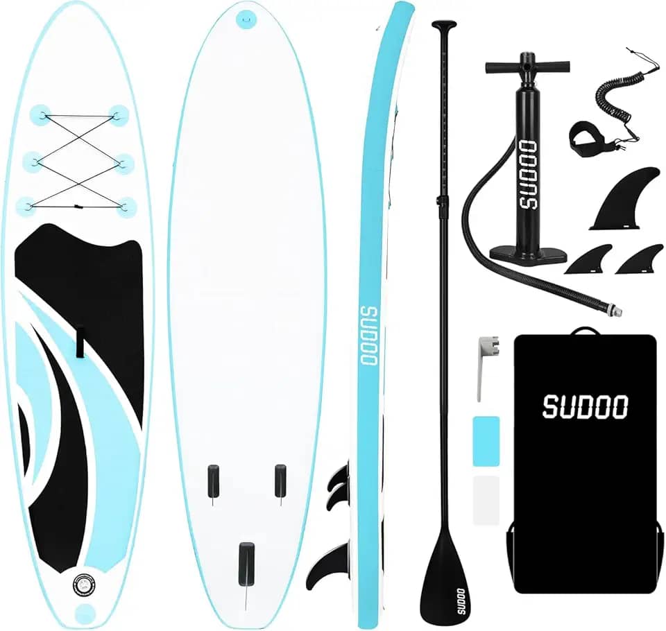 SUDOO Prancha de stand up paddle inflável 10'x30 x6 prancha de stand up paddle ultraleve para adultos e jovens com mochila, bomba, remo, trela de bobina, nadadeiras triplas, kit de reparo